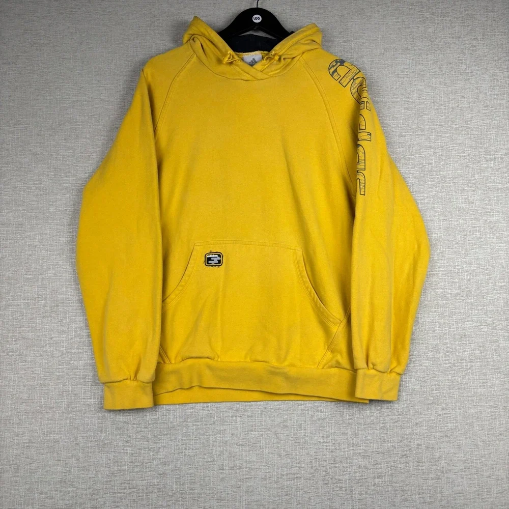 Vintage Adidas Yellow Pullover Hoodie Mens Medium 3 Stripe Hood Sleeve Graphic